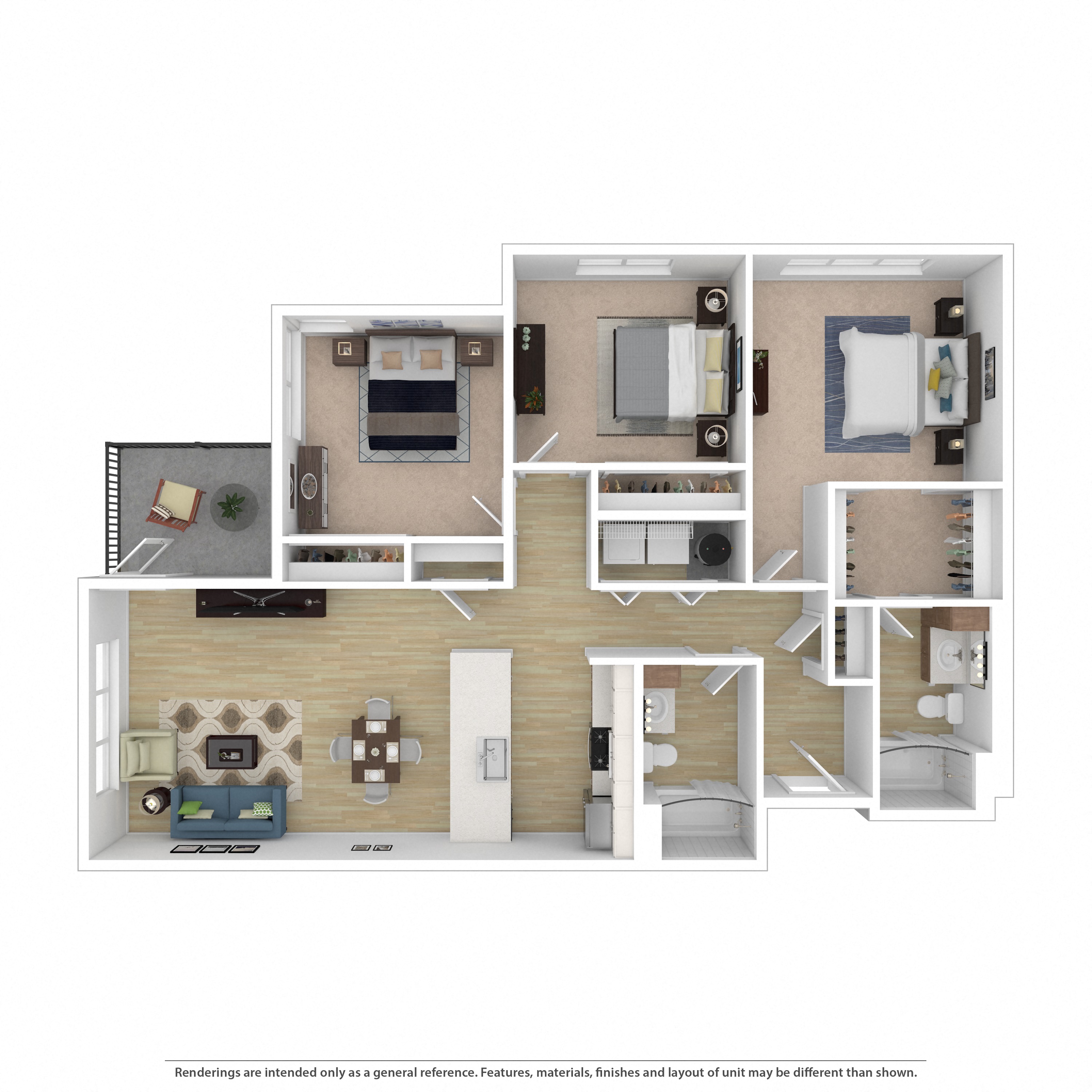 Floor plan for 3 beds, 2 baths, 1304 sqft